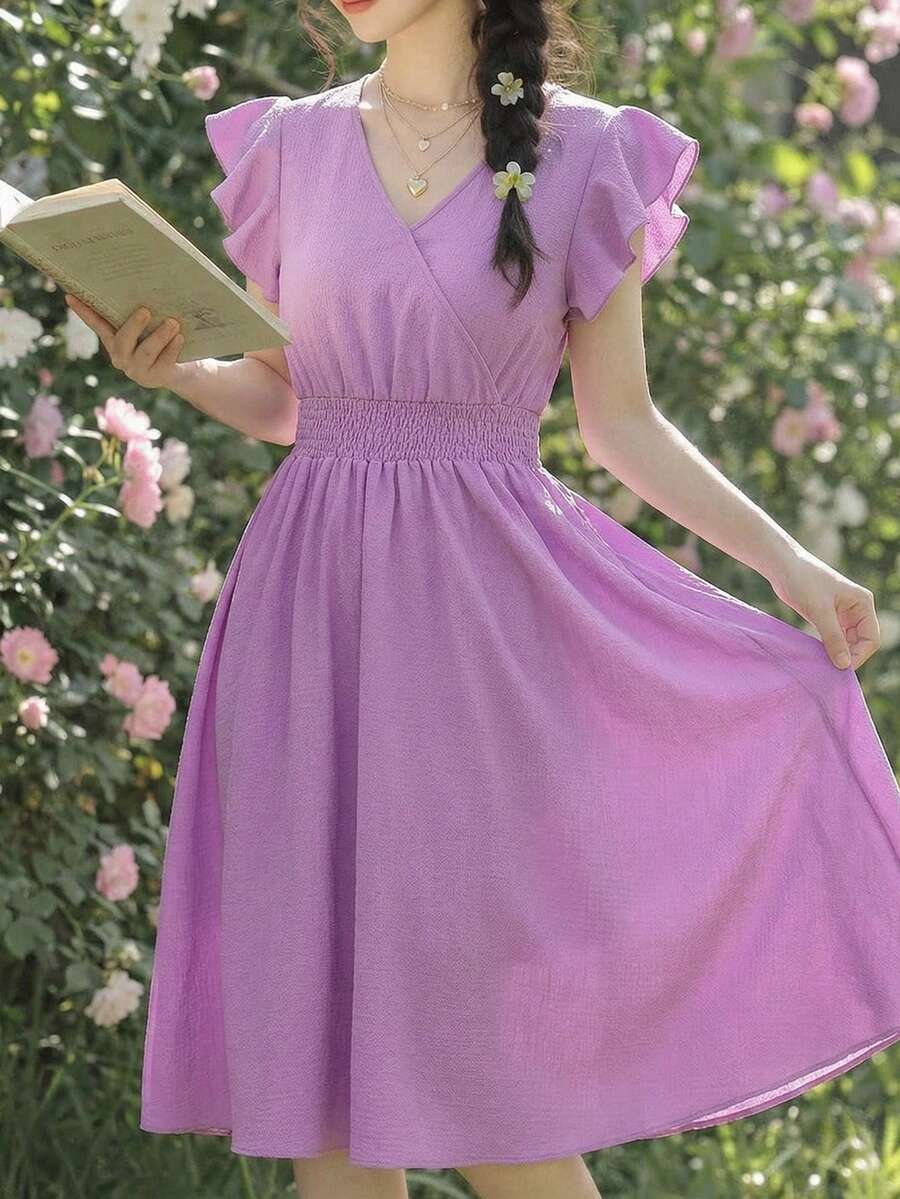 ChillGRL Teen Girl Purple Casual Vacation Beach Round Neck Cap Sleeve Textured A-Line Waist Dress, Spring/Summer - Purple - View 1