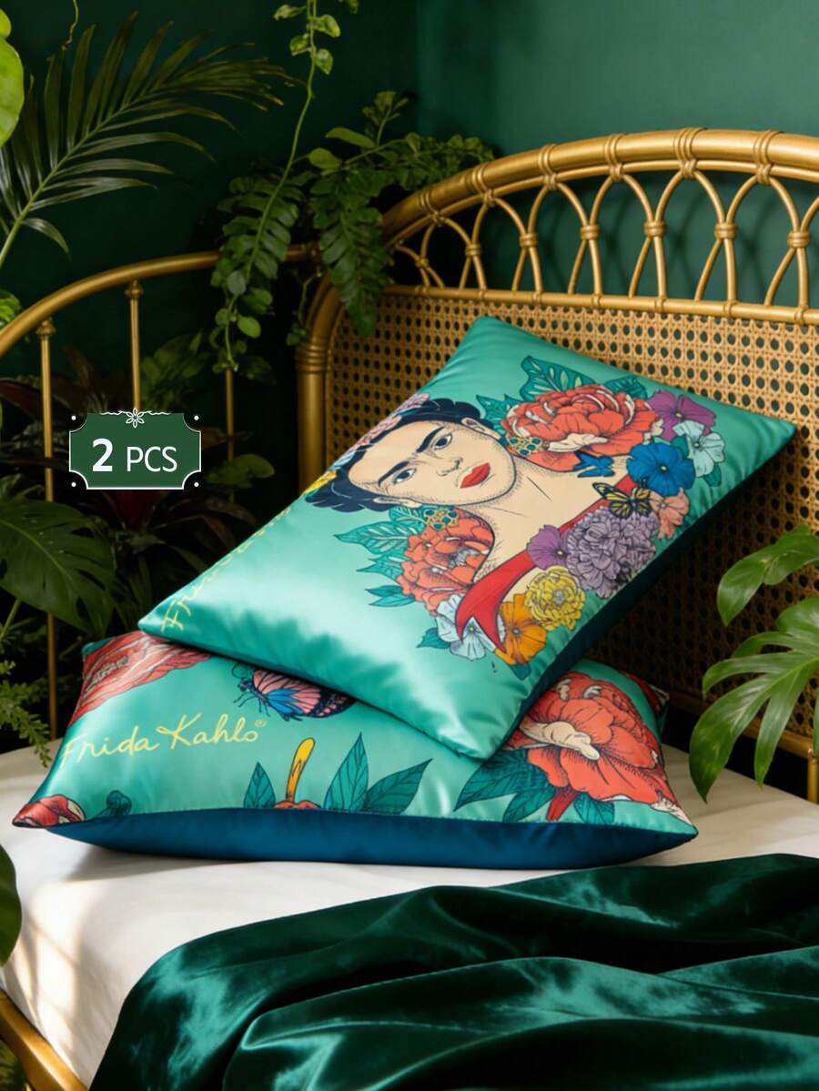 Frida Kahlo X SHEIN Green Satin Pillowcase Set, A Set Of 2, Comfortable And Soft, Pattern Printing, Multi-Size Can Be Selected, Suitable For Various Pillows, Machine Washable - Dark Green - View 1