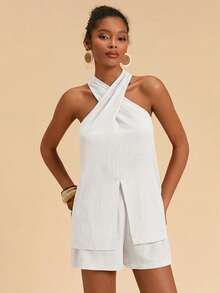 Travachic Women's Casual Solid Color Halter Neck Tank Top & Shorts 2-Piece Set - White - View 5