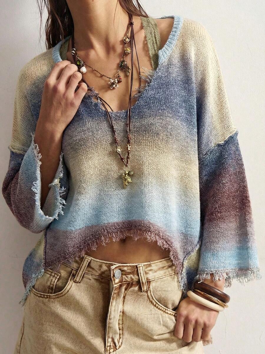 Bohemela Ombre Distressed Loose Knit Sweater - Mauve Mist - View 1