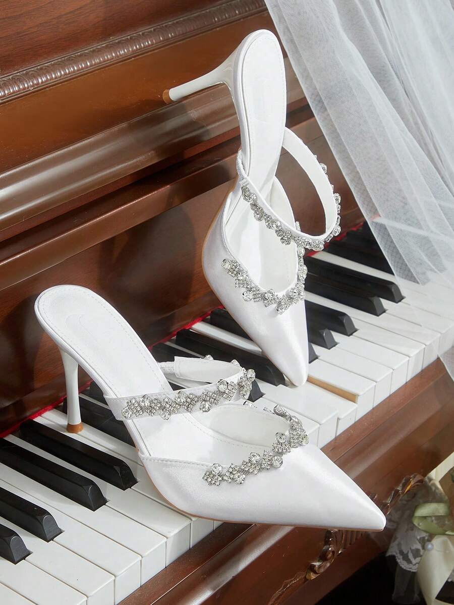 CUCCOO HITCHD 女士新款法式性感尖头高跟鞋，时尚低帮缎面水钻礼服派对新娘婚鞋 - 白色 - 查看 1