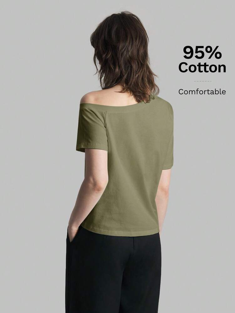 Women's Olive Green Summer Casual Everyday T-Shirt, 95% Cotton Asymmetric Collar Short Sleeve Basic Top, Elegant Urban Commute Business Blouse