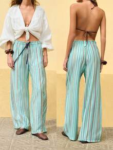 Nöista Light Green High-Waisted Wide-Leg Pants, Vertical Stripe, Elastic Waistband With Drawstring, Breathable Women's Autumn Boho Beach Holiday Casual - Blue - View 4
