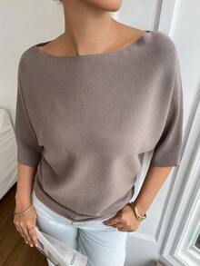 Vivie Lora Middle-Aged Women's Simple Boat Neck Solid Color Batwing Sleeve Knit Top, Spring/Autumn - Grey - View 4