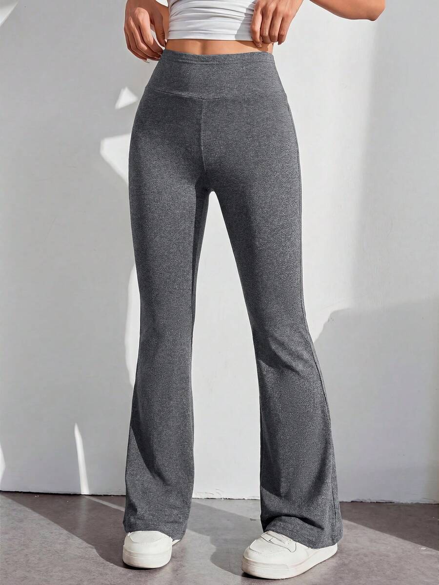 SHEIN PETITE Pantalones acampanados de cintura alta con envolvente de unicolor - Gris - Ver 1