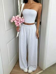 SHEIN EZwear 女士纯色抹胸上衣搭配阔腿裤休闲套装 - 灰色 - 查看 4