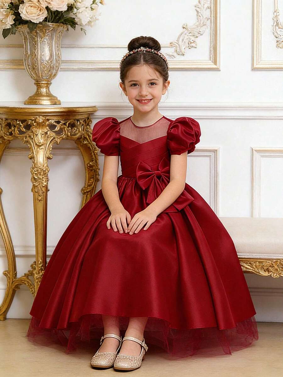 Elladie kids فستان أميرة من الساتان والشبك الأحمر الفاتح مع فيونكة كبيرة للبنات الصغيرات، فستان فتاة الزهور الفاخر والأنيق لحفل الزفاف وحفل موسيقى الكمان وحفلة عيد الميلاد - الأحمر - مشاهدة 1