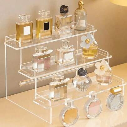 1个亚克力化妆品收纳架，多层展示储物架，适用于香水、护肤品、化妆品，加固坚固的金字塔形支架，适用于客厅、浴室、卧室、家居装饰、度假海滩、浴室用品、卧室用品，大容量