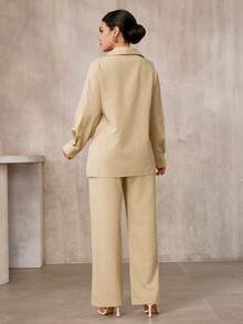 Graceveil 2件套女士贝壳纹装饰口袋衬衫和裤子套装 - 卡其色 - 查看 3