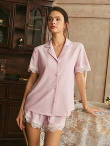 Côtesoire French Elegant Romantic Charming Lace Patchwork Button Front Bow Decor Women PJS PJS Women Shorts Pyjamas Set Women Two Pieces Summer Pajama Set - Pink - View 3