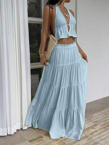 SHEIN Unity 黄色亚麻深V领露背吊带背心搭配低腰多层荷叶边长裙两件套，优雅性感，适合度假、海滩、派对、日常、约会等场合，简约设计，夏季女士必备。 - 藍色 - 查看 7