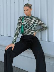 Maija Áo thun cổ cao in họa tiết hình học mùa xuân hè 2026, thích hợp cho khách dự đám cưới, chủ nhà, hẹn hò, tiệc tùng, hòa nhạc, ăn trưa, sân bay, và nhiều dịp khác. - Nhiều màu - Xem 4