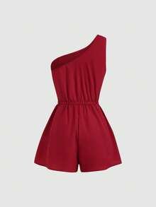 Sweetra Women's Spring/Summer Red Asymmetric Shoulder Metal Buckle Elastic Waist Jumpsuit, Comfortable & Versatile - Burgundy - View 2