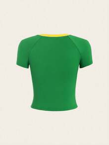 SHEIN Unity Áo thun ngắn bó sát người hâm mộ Brazil Áo thun họa tiết dành cho nữ - màu xanh lá - Xem 2