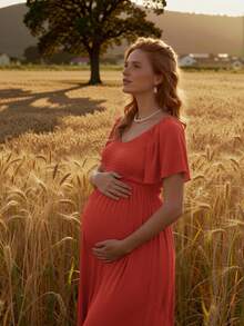Boho Mama Maternity Solid Color Casual Ruffle Hem Short Sleeve Dress - Redwood - View 2