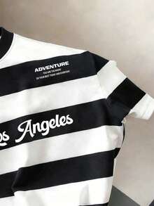 Manfinity Joysei Men's Casual Striped & Letter Print Short Sleeve T-Shirt, Suitable For Daily Commute In Summer - Black and White - View 3