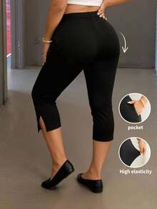 Lounesse 大码女式黑色五分钟速成紧身裤，时尚侧袋，适合日常通勤，舒适的大码黑色紧身裤 - 黑色 - 查看 1
