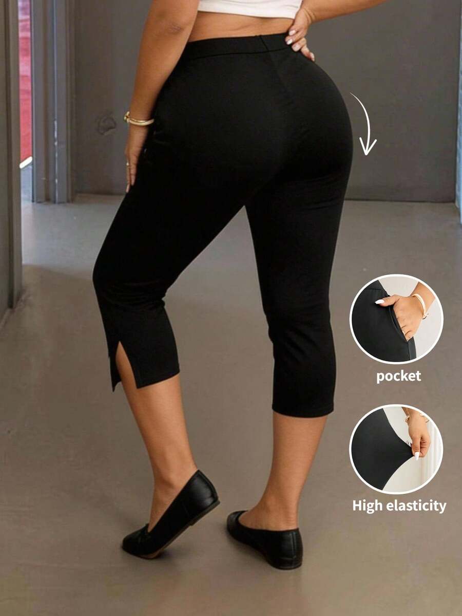 Lounesse 大码女式黑色五分钟速成紧身裤，时尚侧袋，适合日常通勤，舒适的大码黑色紧身裤 - 黑色 - 查看 1