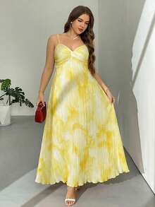 Firerie Women's Plus Size White Summer Elegant Vacation Holiday Beach Spaghetti Strap Twist Front Loose Maxi A-Line Pleated Tie Dye Floral Print Dress - Yellow - View 5