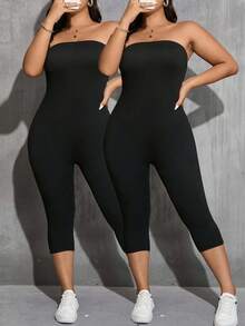 SHEIN Essnce Bộ 2 món áo liền quần màu đen trơn, cỡ lớn, kiểu dáng thường ngày, thích hợp cho mùa hè. - màu đen - Xem 6