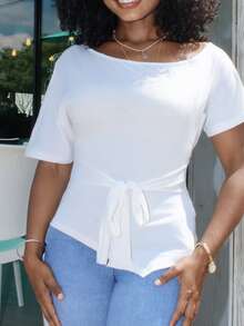 Steph T 休闲时尚性感修身不对称领短袖女式T恤 - 白色 - 查看 4