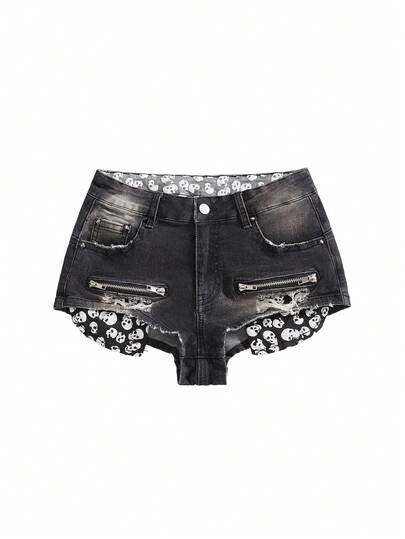 ROMWE Y2K Quần short denim nữ kiểu vintage rách rưới với khóa kéo và họa tiết đầu lâu, cạp siêu thấp.