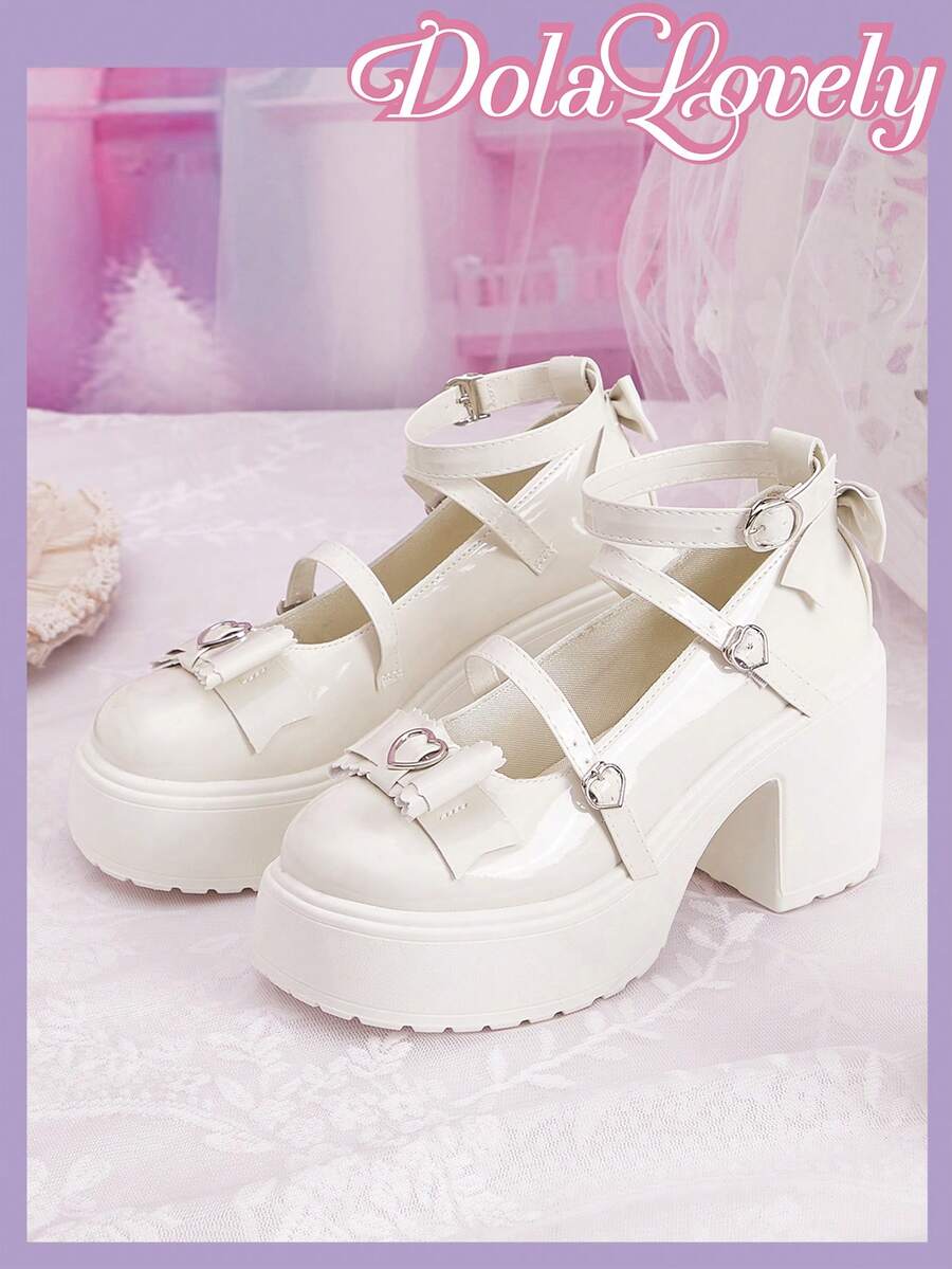 Dola Lovely 女士白色乐福鞋，玛丽珍小号皮鞋，蝴蝶结交叉绑带心形JK风格高跟鞋 - 白色蝴蝶結 - 查看 1