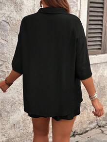 SHEIN Tall CURVE Bộ đồ mùa hè màu trơn, dáng rộng, tay ngắn, có túi và quần short dây rút, cỡ lớn. - màu đen - Xem 2