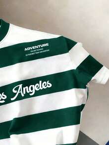 Manfinity Joysei Men's Letter & Stripe Print Round Neck Short Sleeve Casual T-Shirt - Dark Green - View 3