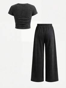 SHEIN Girlism 少女黑色雪花印花蝴蝶结T恤和打底裤两件套，休闲日常百搭，学院风休闲复古套装，雪花印花休闲裤装两件套 - 黑色 - 查看 2