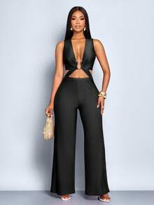 SOLERSUN Bộ jumpsuit nữ màu trơn thanh lịch, gợi cảm, kiểu dáng mới mùa xuân hè, cổ chữ V sâu, thích hợp cho kỳ nghỉ đêm, đi chơi, du lịch, tiệc tùng, đi chơi hàng ngày. - màu đen - Xem 6