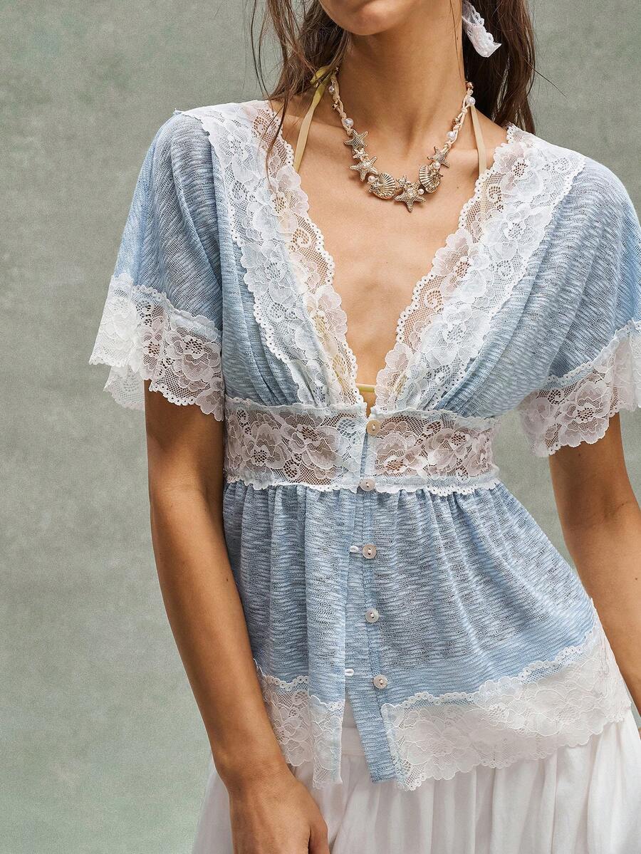 Bohemela 女士休闲针织撞色蕾丝边V领T恤 - 藍色 - 查看 1