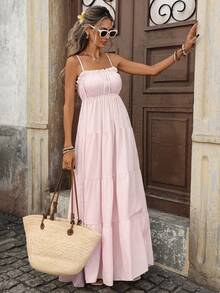 SHEIN PariChic Đầm dài màu vàng họa tiết, kiểu Pháp dành cho nữ, dây mảnh, eo xếp ly, ôm sát, chất liệu vải dệt, thích hợp cho kỳ nghỉ xuân/hè. - Màu Hồng baby - Xem 4