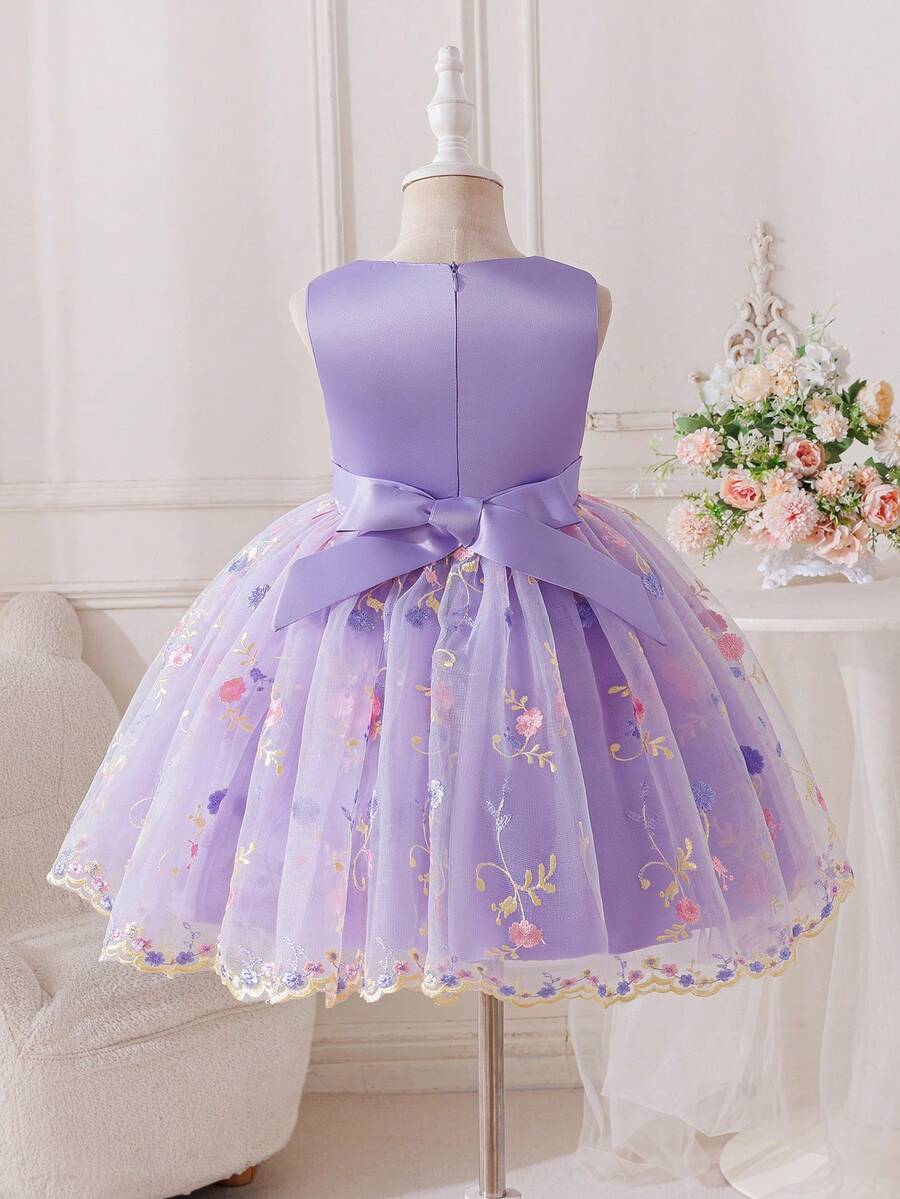 Glamorique Kids Đầm voan xếp ly thêu hoa cho bé gái, đầm dự tiệc cưới màu tím cho bé gái, đầm dạ hội không tay cho trẻ em nhân dịp sinh nhật. - Màu tím - Xem 1