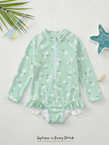 Cozy Pixies 女婴碎花长袖拉链连体泳衣，夏季海滩度假 - 綠色 - 查看 4