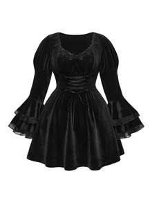 ROMWE Hippie Váy midi tay chuông thắt dây nhung phong cách phù thủy Halloween dành cho nữ - màu đen - Xem 1