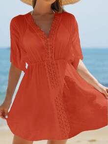 Breezaya Women's Vacation Solid Color Contrast Lace Cover-Up Dress - Orange - View 4