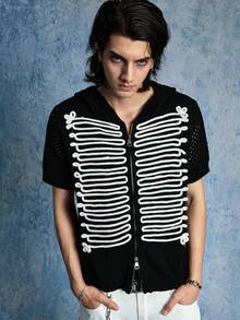 ROMWE MEN Street Life Áo khoác cardigan nam ngắn tay có mũ, in họa tiết tối giản. - màu đen - Xem 4