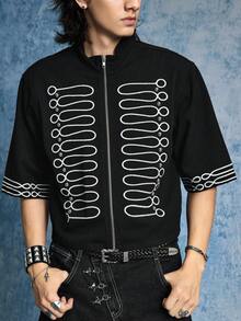 ROMWE MEN Street Life 男士夏季休闲铆钉刺绣细节拉链牛仔短袖衬衫 - 黑色 - 查看 4