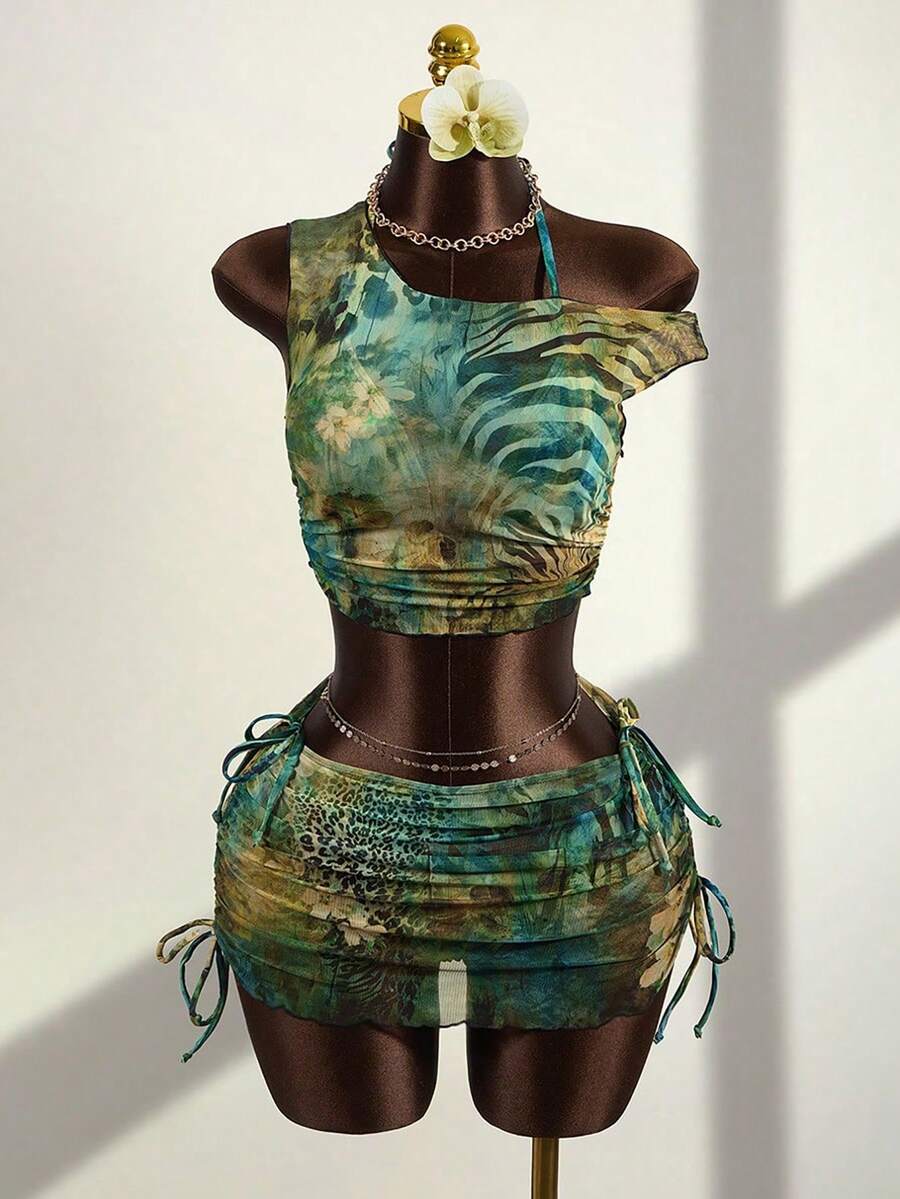 Zestiva Conjunto de bikini de 4 piezas con estampado de leopardo, tirantes con lazo y espalda descubierta, para vacaciones en la playa - Multicolor - Ver 1