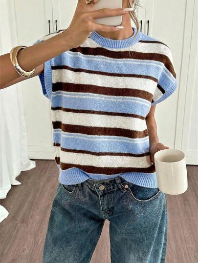 Siren Gaze Casual Minimalist Elegant Blue & Brown Asymmetrical Stripe Contrast Color Sweater For Women, Versatile Style Suitable For Spring & Summer