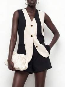 Maija 女士双色拼接无领V领纽扣背心工作外套（秋冬季款） - 彩色 - 查看 1