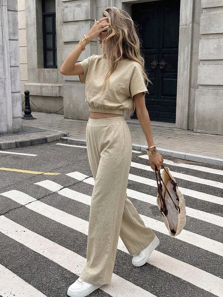 Serisse 2件套女士100%纯棉休闲裤，女士休闲套装，女士夏季服装 - 杏色 - 查看 1