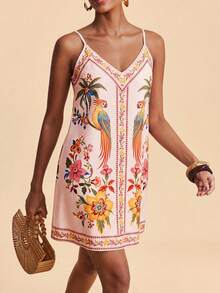 Travachic Spring/Summer Vacation Woven Printed Spaghetti Strap Mini Dress For Women - Multicolor - View 3