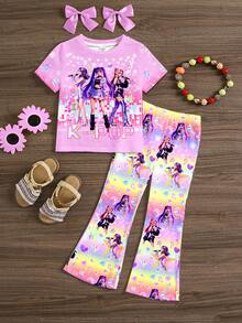 SHEIN 卡通女孩，多巴胺彩色渐变，K-Pop 超级巨星，休闲时尚，少女休闲卡通图案圆领短袖上衣和喇叭裤两件套，适合夏季穿着 - 彩色 - 查看 2