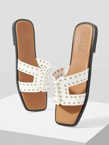 MOTF Giày sandal đế bằng hở mũi trang trí đinh tán dành cho nữ mùa hè. - Màu lạc đà / trắng - Xem 3