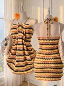 Comfortcana Plus Size Bohemian Boho Orange Ruffle Backless Casual Holiday Midi Dress, Summer Beach Holiday Tropical Vacation - Multicolor - View 4