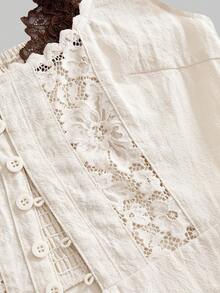 ROMWE Áo không tay nữ phong cách vintage lễ hội âm nhạc hippie boho chất liệu cotton ren phối màu tương phản - Màu be - Xem 2