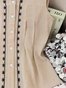 GlowEve Áo sơ mi nữ màu trắng cổ chữ V không tay, thêu hoa kiểu vintage. - Màu Khaki - Xem 3