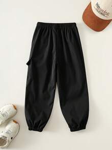 SHEIN Pantalones casuales de calle para niño con patrón de letras grises y cintura elástica - Negro - Ver 2